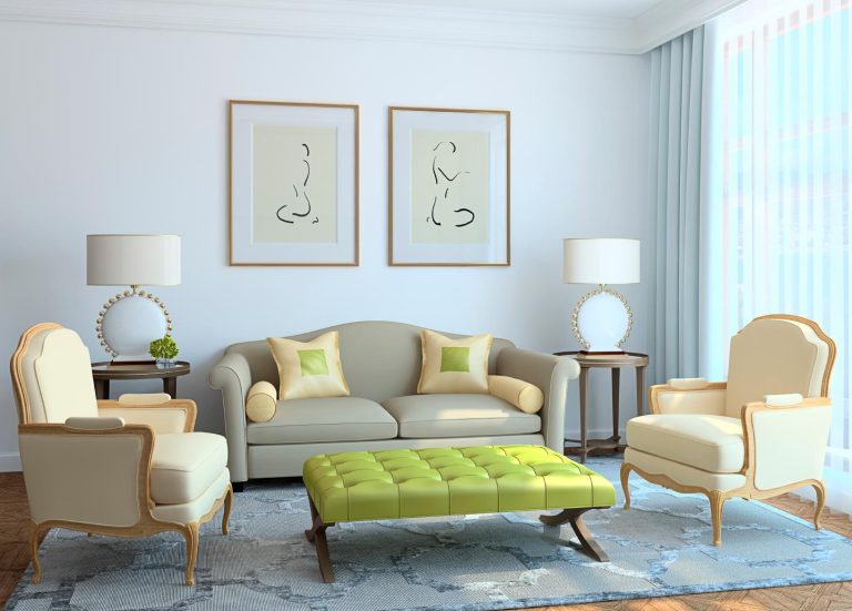 Bildlautsprecher Helle, moderne Wohnzimmereinrichtung mit grauem Sofa, beigen Sesseln und grüner Ottomane.