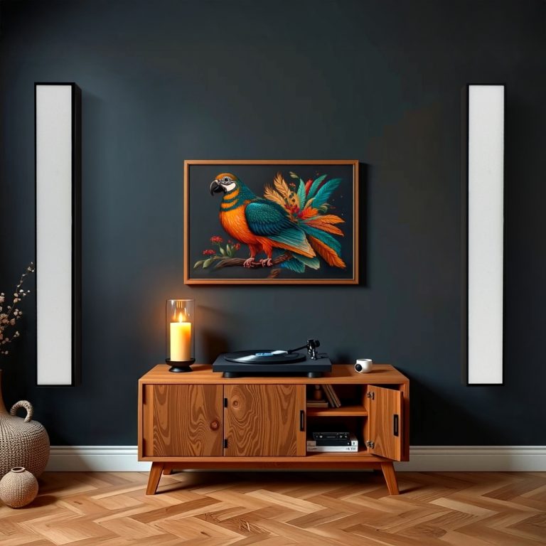Wandlautsprecher Vogelgemälde an einer dunklen Wand über einem holzfarbenen Sideboard.