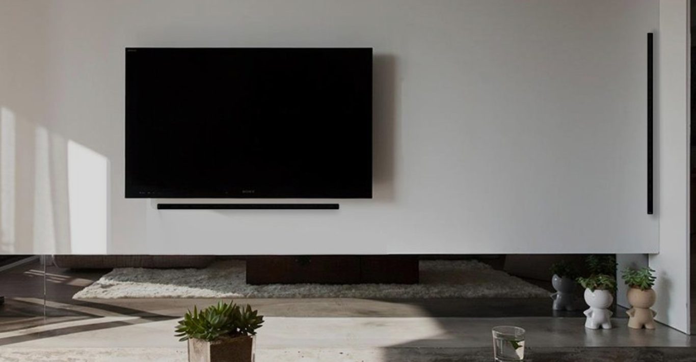 Linienlautsprecher Moderne Wohnzimmer mit schwarzem Fernseher an der Wand und Pflanzen im Vordergrund.