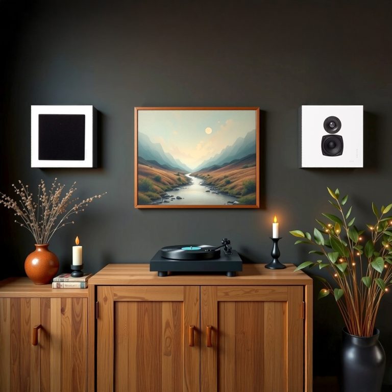 Wandlautsprecher Ein stilvolles Wohnzimmer mit Landschaftsgemälde, Regalen und Dekoration.